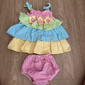 Rare Editions Pink Green Blue Yellow Gingham Ruffle Dress with Bloom Appliqués